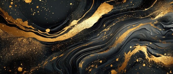 Poster - Elegant black and gold abstract art with flowing marble texture and shimmering metallic accents for luxury design