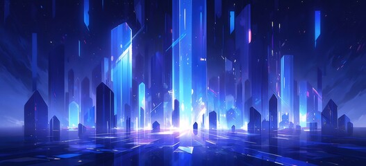 Aufkleber - 未来的な都市の光る高層ビル群 夜のデジタルイラスト 暗い青色の背景