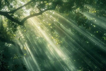 Aufkleber - Sunlight filters through a lush, green forest canopy, creating a mesmerizing display of light and shadow, Dappled sunlight filtering through a dense canopy of trees