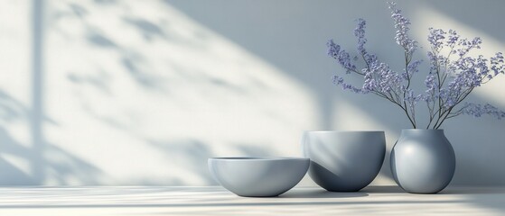 Poster - Serene studio shot of minimalist vases with delicate flowers casting soft shadows on textured wall