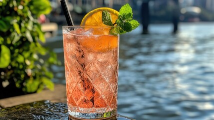 Poster - Refreshing pink cocktail with orange slice and mint garnish against a serene water backdrop summer vibe