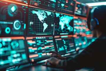 Poster - a cybersecurity professional monitors a network of monitors displaying global network activity, desi
