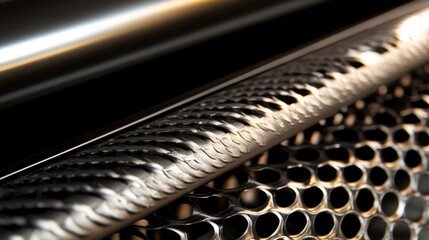 Poster - Close Up of Perforated Metal Sheet with Industrial Roller Showing Texture and Pattern in Silver Tone for Abstract Background