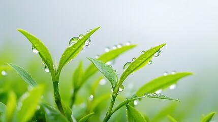 Wall Mural -   A green plant with water drops on its leaves against a blue sky