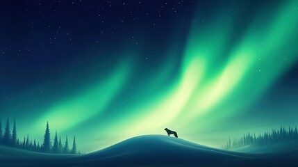 Wall Mural - a wolf perched atop a snow-covered hill beneath a vivid green and blue sky, illuminated by the danci