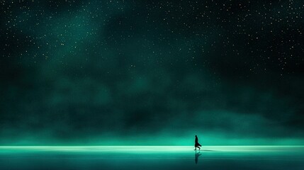 Wall Mural - a person stands in the middle of a body of water, bathed in the soft glow of the stars above and the