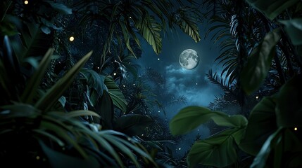 Wall Mural - a serene night scene with the full moon casting a soft glow on the trees and plants in the foregroun