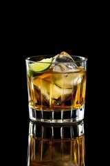 Poster - Elegant whiskey cocktail with ice cubes and lime slice in a faceted glass on a reflective black surface studio shot dark background