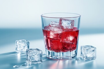 Poster - Refreshing red beverage with ice cubes in a glass on a glossy surface against a cool background studio shot