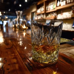 Poster - Elegant crystal glass of amber liquor on a polished wooden bar top in a cozy restaurant setting with soft lighting