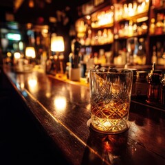 Poster - Elegant crystal glass of amber whiskey resting on a wooden bar top with a warm inviting atmosphere and soft lighting
