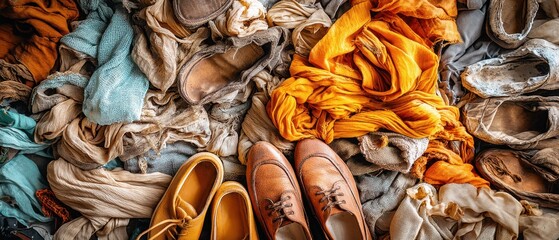 Poster - Elegant leather shoes amidst vibrant fabrics and vintage footwear creating a captivating textural composition for stock photography