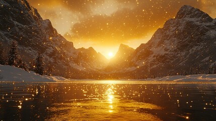 Wall Mural - the sun sets over a mountain range with a lake in the foreground and snow-capped peaks in the backgr