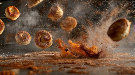 Wall Mural - a cluster of doughnuts soaring in the air with a shower of cinnamon powder