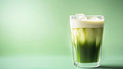 Poster - Refreshing matcha latte with ice cubes in tall glass against a mint green background studio shot healthy drink