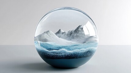 Poster - Serene mountain landscape and ocean waves contained within a delicate glass sphere against a clean background studio shot