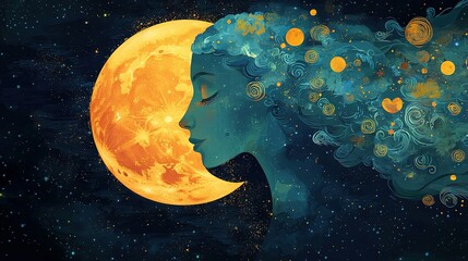 Wall Mural - a portrait of a female subject with a lunar radiance before her and celestial ornaments above