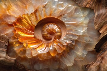 Poster - Captivating Abstract Close Up of a Nautilus Shell with Golden Amber and Cream Tones Creating a Warm Organic Texture and Natural Harmony