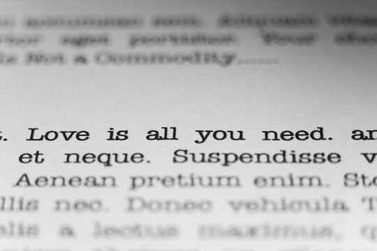 Love is all you need. Text printed on a page. A piece of paper with a phrase written in retro typewriter font.