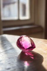 Poster - Radiant gemstone on wooden surface illuminated by sunlight creating a captivating visual experience