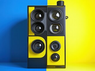 Poster - Geometric Speaker Design with Vivid Yellow and Blue Background for Modern Audio Visuals