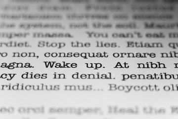 Leinwandbilder - Wake up. Text printed on a page. A piece of paper with a phrase written in retro typewriter font.