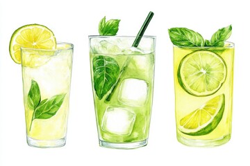 Poster - Refreshing watercolor illustration of three vibrant cocktails with lime lemon and mint leaves on white background