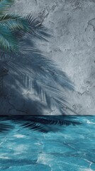 Poster - Serene Tropical Backdrop with Palm Leaf Shadow on Textured Wall and Turquoise Surface for Summer Vibes