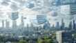© Saroch - Floating surgical masks against a blurred cityscape, symbolizing health precautions in urban environments during a pandemic.