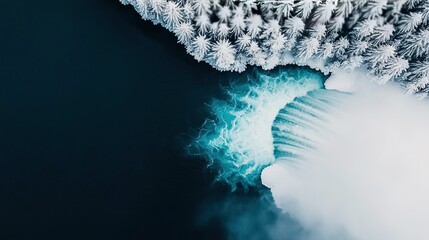 Wall Mural -   Aerial view of a snow-covered tree over a body of water with a wave rising up from it