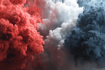 Poster - Abstract cloudscape of vibrant red white and blue smoke creating a dynamic and patriotic visual effect with dramatic lighting and depth