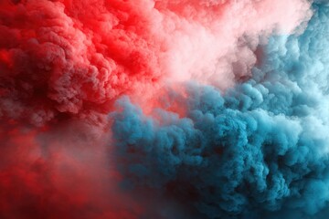 Poster - abstract collision of vibrant red and blue smoke plumes creating a dynamic and dramatic visual effec
