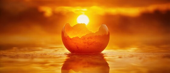 Poster - Golden sunrise illuminating a broken eggshell on water creating a reflective and ethereal scene with warm tones and a tranquil mood