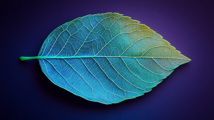 Poster - Bright neon blue leaf with glowing green veins set against a dark purple background symbolizes the fusion of nature and technology through vibrant light, energy flow, and organic design

