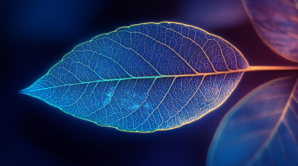 Poster - Bright neon blue leaf with glowing green veins set against a dark purple background symbolizes the fusion of nature and technology through vibrant light, energy flow, and organic design

