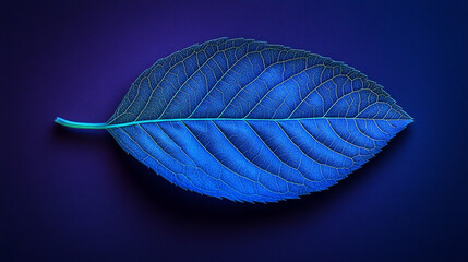 Poster - Bright neon blue leaf with glowing green veins set against a dark purple background symbolizes the fusion of nature and technology through vibrant light, energy flow, and organic design

