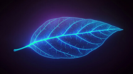 Poster - Bright neon blue leaf with glowing green veins set against a dark purple background symbolizes the fusion of nature and technology through vibrant light, energy flow, and organic design

