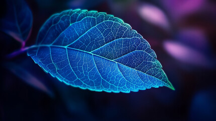 Poster - Bright neon blue leaf with glowing green veins set against a dark purple background symbolizes the fusion of nature and technology through vibrant light, energy flow, and organic design

