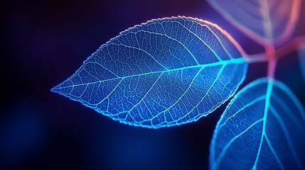 Poster - Bright neon blue leaf with glowing green veins set against a dark purple background symbolizes the fusion of nature and technology through vibrant light, energy flow, and organic design

