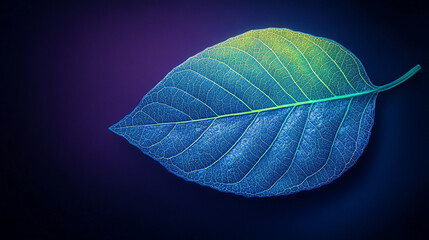Poster - Bright neon blue leaf with glowing green veins set against a dark purple background symbolizes the fusion of nature and technology through vibrant light, energy flow, and organic design

