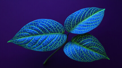 Poster - Bright neon blue leaf with glowing green veins set against a dark purple background symbolizes the fusion of nature and technology through vibrant light, energy flow, and organic design

