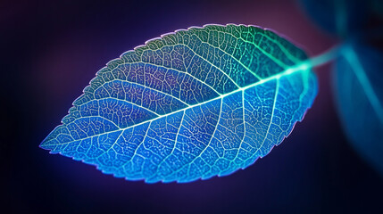 Poster - Bright neon blue leaf with glowing green veins set against a dark purple background symbolizes the fusion of nature and technology through vibrant light, energy flow, and organic design

