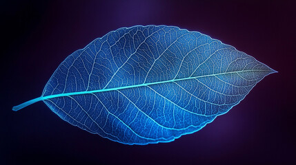 Poster - Bright neon blue leaf with glowing green veins set against a dark purple background symbolizes the fusion of nature and technology through vibrant light, energy flow, and organic design

