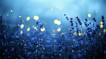 Wall Mural -   A field filled with purple blooms, a blue sky backdrop, and foreground lighting