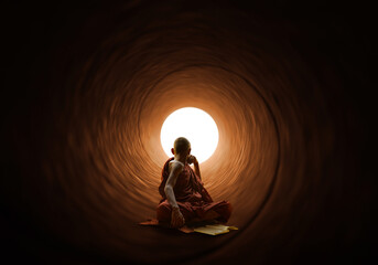 Wall Mural - Monk in Contemplation Journey Through the Tunnel of Light