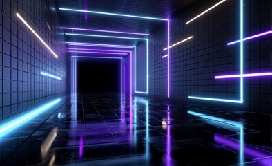 Poster - Vibrant neon lights of multiple colors illuminate a dark passageway, casting reflections on the surrounding walls