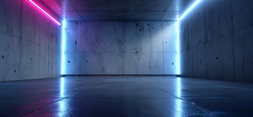 Poster - A 3D rendering of an empty space background featuring a sci-fi futuristic alien tunnel ship corridor with underground laser purple blue neon light lines on grunge reflective concrete
