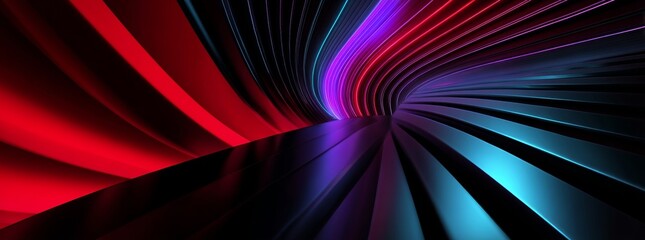 Poster - A 3D rendering featuring an abstract panoramic background with neon elements, showcasing bright purple, violet, and pink lines that glow under ultraviolet light