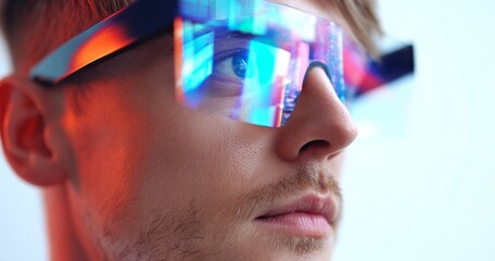 Poster - Woman working in an office environment utilizes vr glasses to engage with a hologram in the metaverse and cyberspace