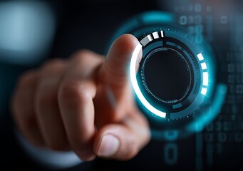Poster - A person's hand touches a complex circular diagram on a virtual screen, set against a technology abstract background, symbolizing innovation, network, big data and internet concept with copy-space